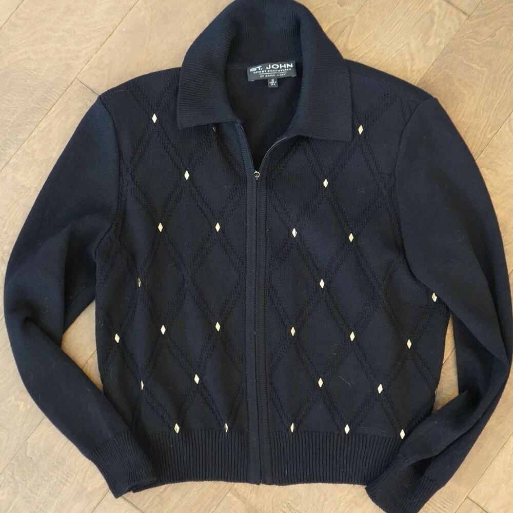 St John by Marie Gray Zip Up Studs Diamond Knit Cardigan Black Womens Sz Medium‎